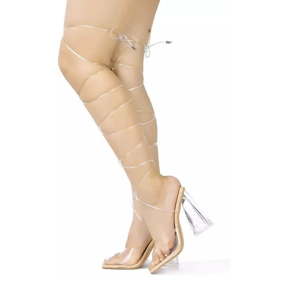 Ladies 7 Clear Chunky Block Platform Heels Transparent Lace Up Leg Open Toe NIB
